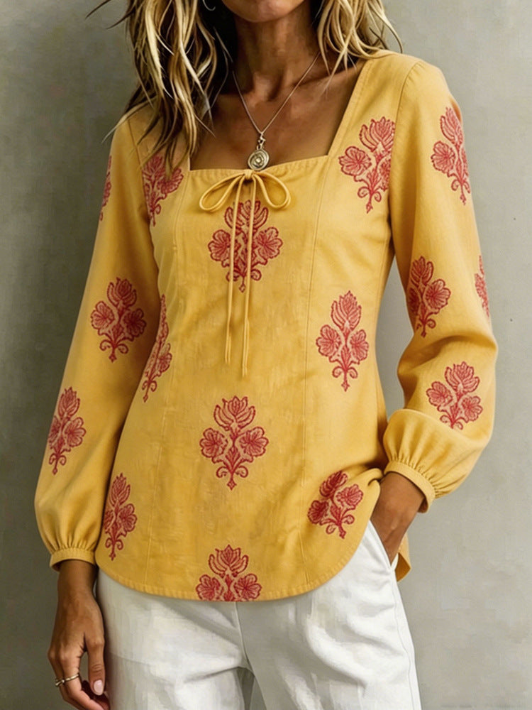 Damen Bestickte Tunika-Bluse mit quadratischem Ausschnitt und femininen Ballonärmeln Drune