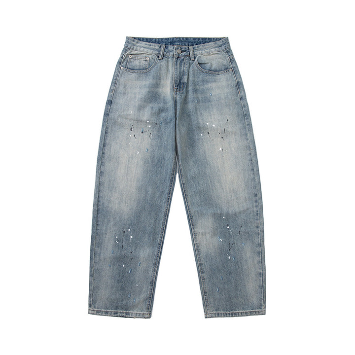 Damen Baggy-Jeans mit hoher Taille, verkürztem Bein und Lackspritzern Drune