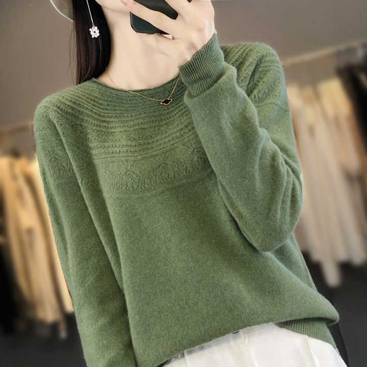 Damen Rundhals-Feinstrickpullover mit strukturierter Passe und Kaschmir-Optik Drune