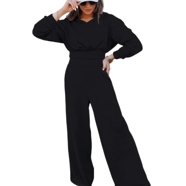 Damen Loungewear-Set mit Cropped V‑Ausschnitt-Pullover und hochtaillierter Palazzohose Drune