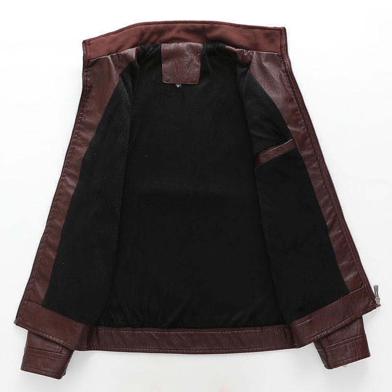 Herren Slim-Fit Lederoptik-Motojacke mit Stehkragen und Reißverschlusstaschen Drune