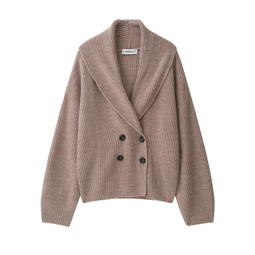 Damen Kurzgeschnittener Grobstrick-Cardigan mit Schalkragen und doppelreihiger Knopfleiste Drune