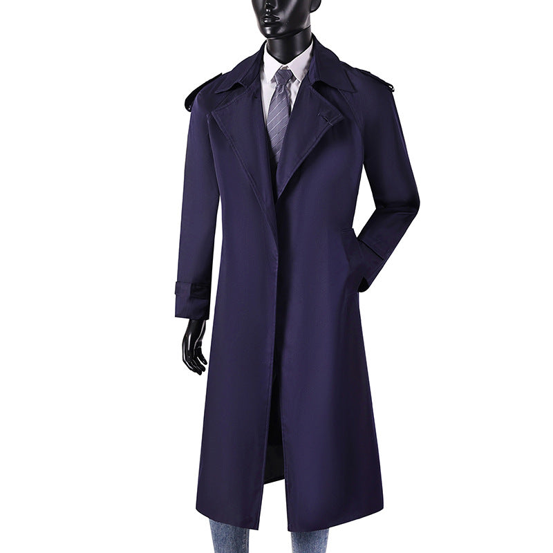 Herren eleganter knie- bis wadenlanger Trenchcoat mit verdeckter Knopfleiste und Schulterklappen Drune