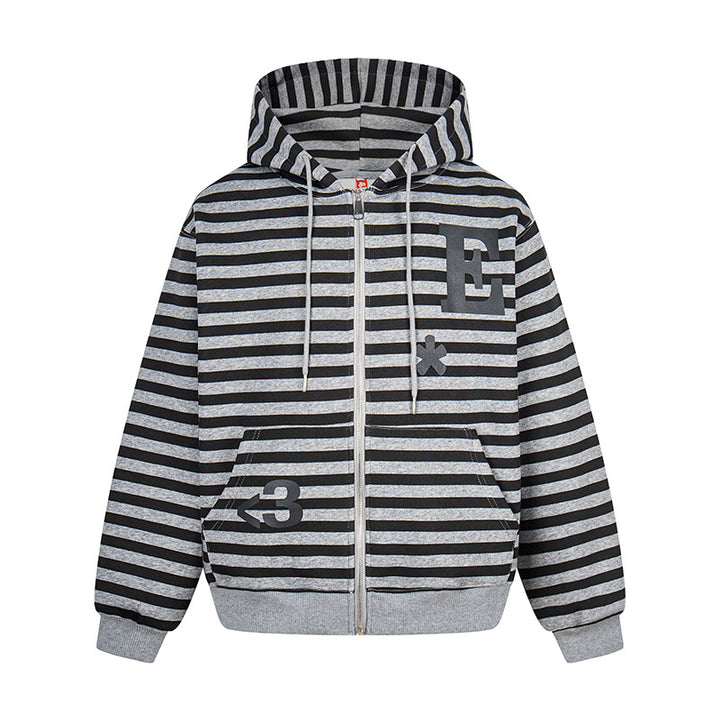 Damen Kapuzen-Sweatjacke im Oversize-Streifenlook mit durchgehendem Reißverschluss und typografischem Frontprint Drune