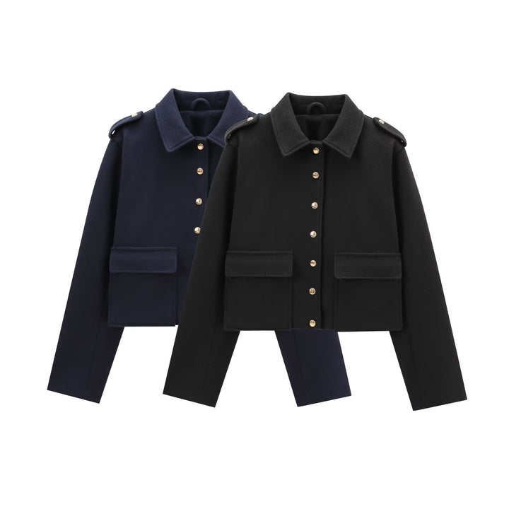 Damen moderne cropped Jacke mit goldenen Druckknöpfen Drune