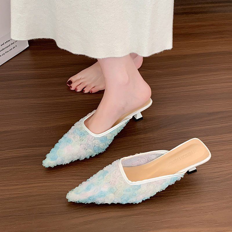 Damen Spitz zulaufende Mesh‑Mules mit dreidimensionalen Blumenapplikationen und gepolstertem Komfortfußbett Drune