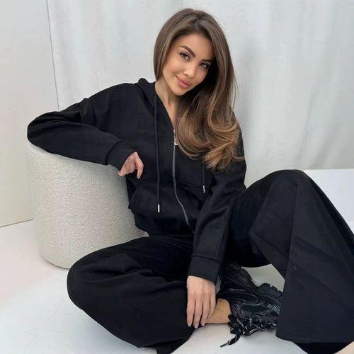 Damen Lässiges Kapuzen‑Sweatset mit Reißverschluss und weitem Jogger‑Schnitt Drune