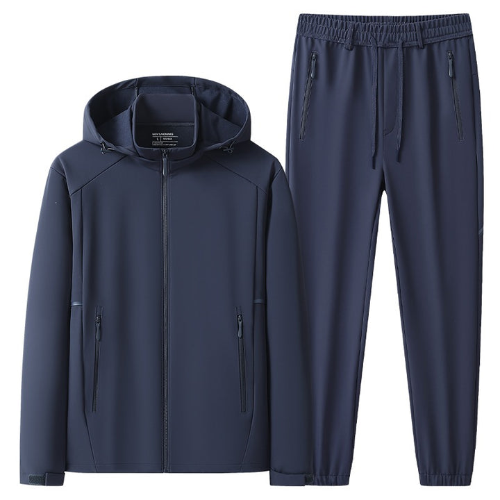 Herren Wetterfester Softshell-Trainingsanzug mit Kapuzen‑Zipjacke, Reißverschluss‑Taschen & konischer Jogginghose Drune