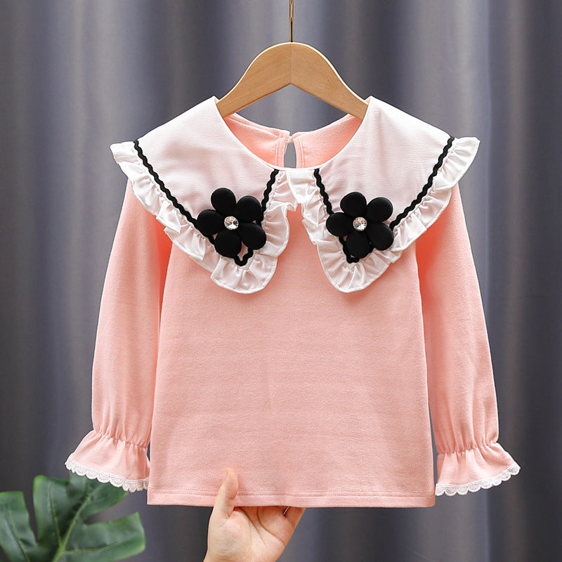 Damen Bluse mit großen Kragen und floralen Applikationen Drune