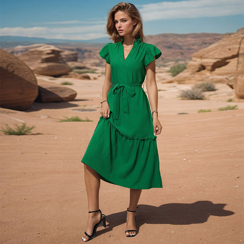 Damen Midi-Wickelkleid mit Rüschendetails und elastischem Taillenzug Drune