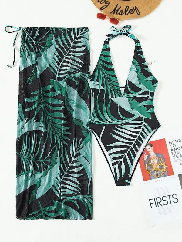Damen Set aus einem einteiligen Badeanzug mit floralem Design und passendem Sarong Drune