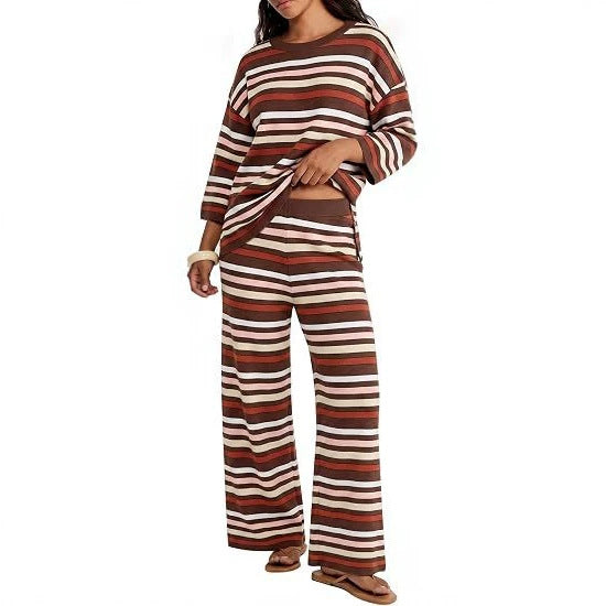 Damen Gestreiftes Lounge-Set aus leichtem Strick mit weitem Bein und 3/4-Ärmeln Drune
