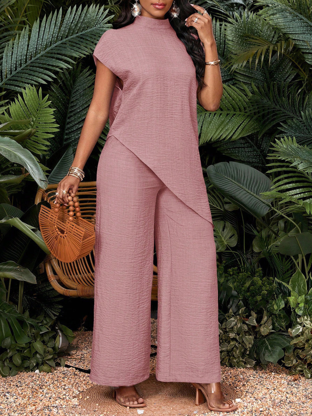 Damen Zweiteiliges Set mit asymmetrischer Tunika und weiten Palazzo-Hosen Drune