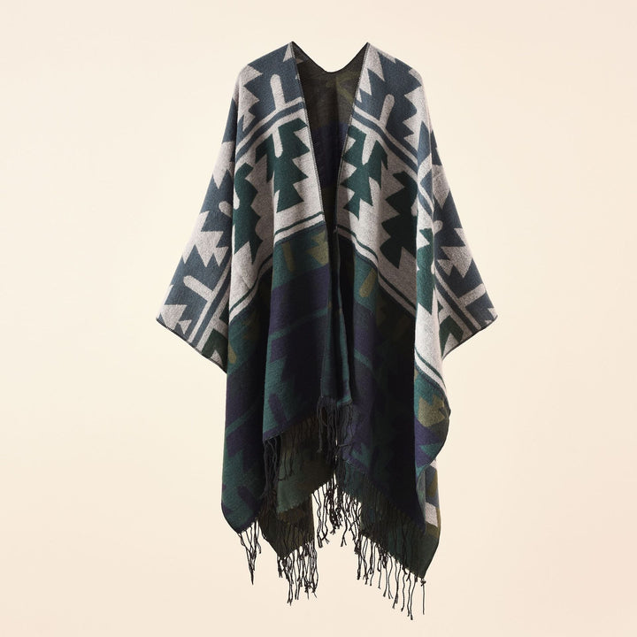 Damen Oversize-Ruana mit V‑Ausschnitt, grobem Jacquardmuster und langen Fransen Drune