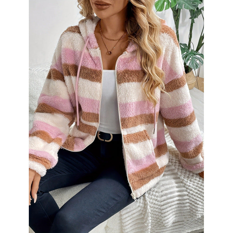 Damen Fleecejacke mit Kapuze und Streifenmuster Drune