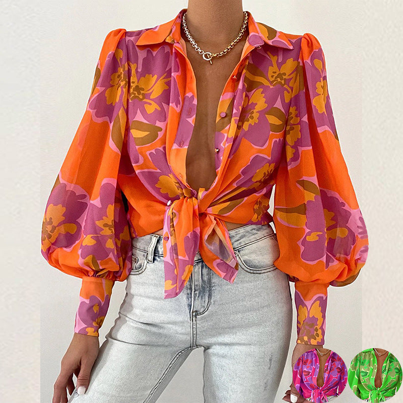Damen Bluse mit raffiniertem Krawattenverschluss und Puffärmeln Drune