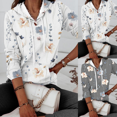 Damen Kapuzenpullover mit floralem Print und Kängurutasche Drune