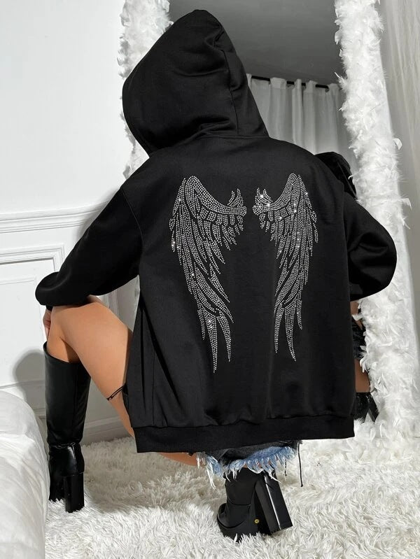 Damen nan Oversize Kapuzenpullover mit funkelndem Strass-Engelsflügel-Rücken Drune