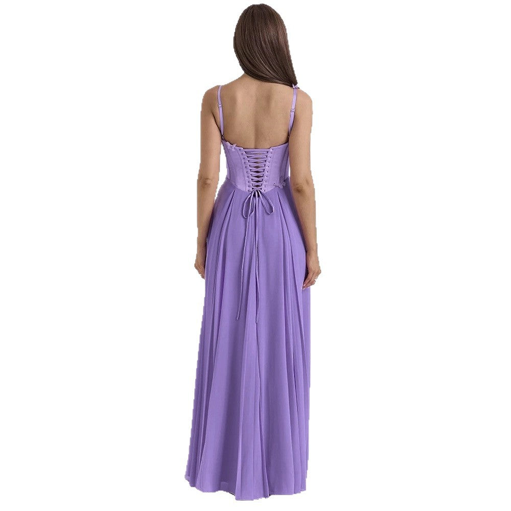 Damen nan figurbetontes Korsett-Maxikleid mit Schmetterlings-Trägern und plissiertem Chiffonrock Drune