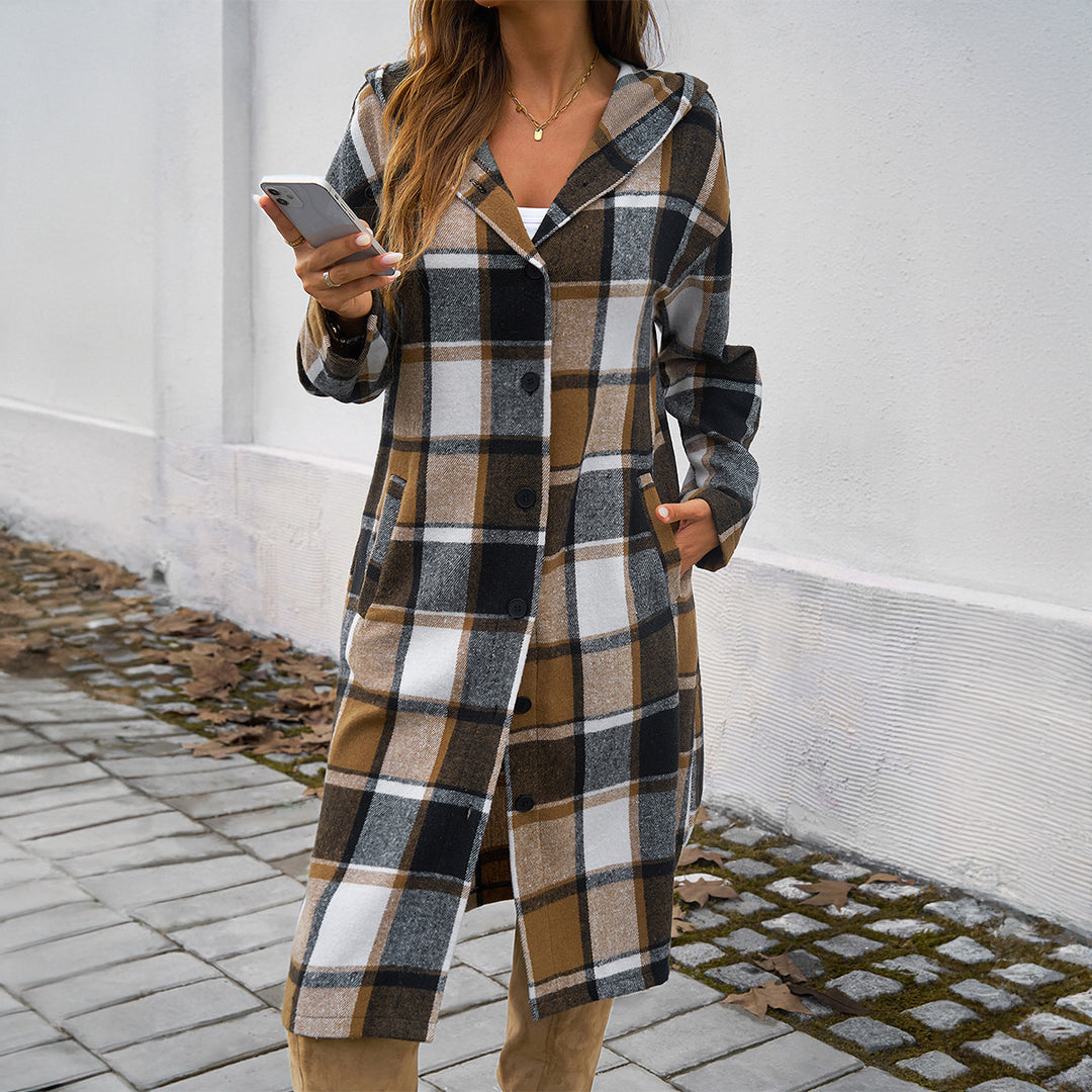 Damen nan lockeres Kapuzen-Hemdkleid mit karierter Flanelloptik, durchgehender Knopfleiste und hohem Beinschlitz Drune