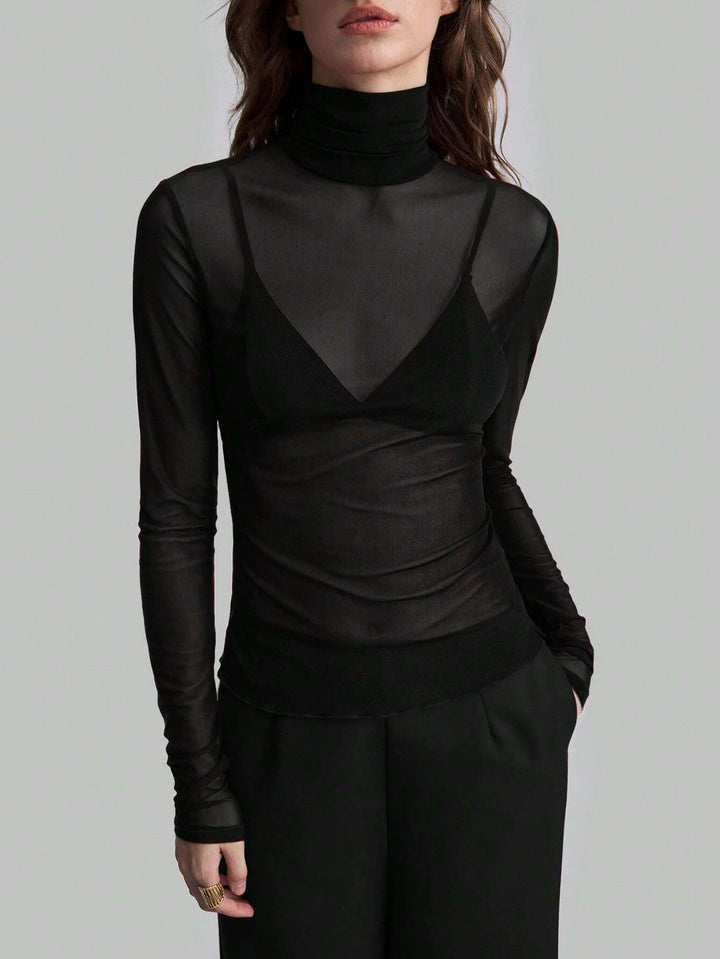 Damen nan feines transparentes Mesh-Langarmtop mit Rollkragen und figurbetonter Passform Drune