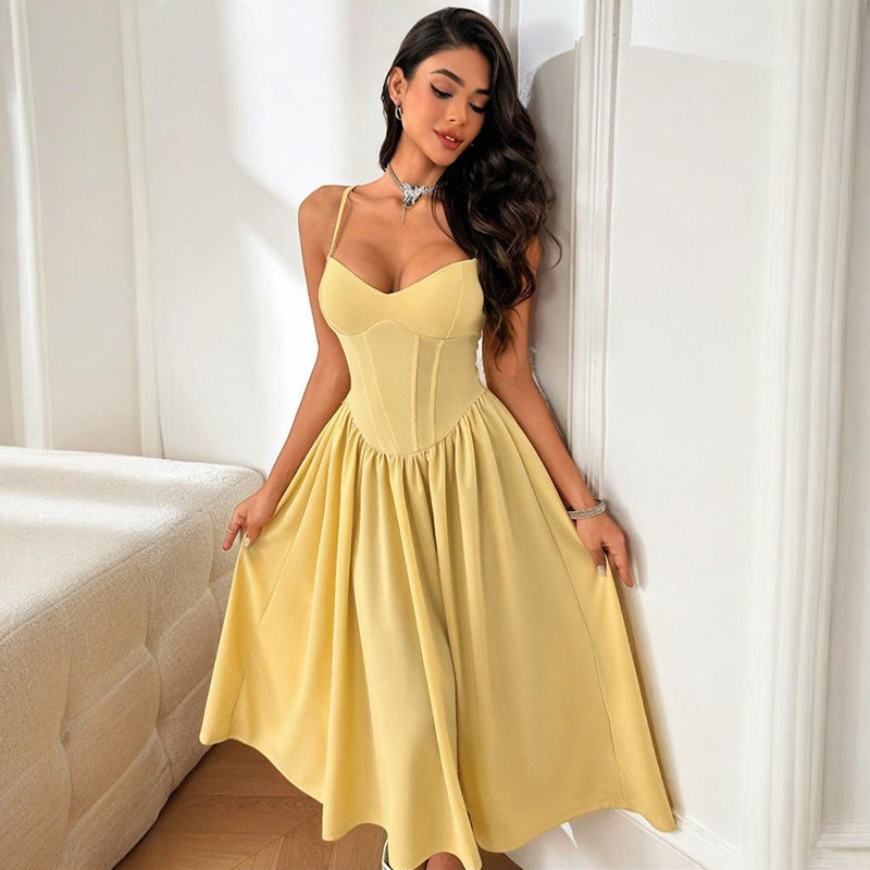 Damen elegantes Maxikleid mit taillierter Silhouette und feinen Trägern Drune