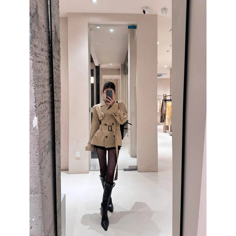 Damen Kurzer taillierter Trenchcoat-Blazer mit Doppelreihe und Taillengürtel Drune