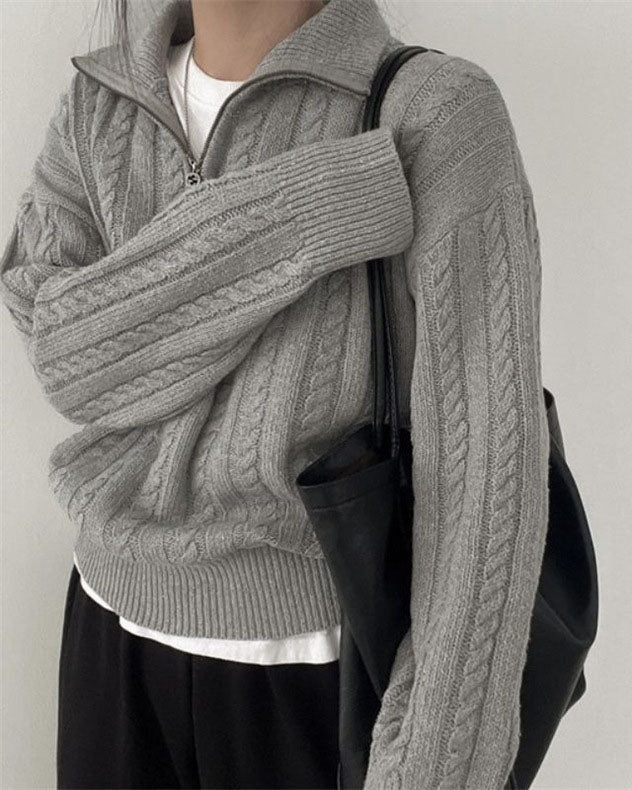 Drune Vintage Rollkragen Reißverschluss Twist Strickpullover