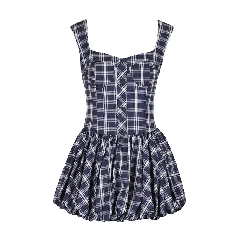Damen Midikleid mit karierter A-Linien Silhouette und schulterfreien Trägern Drune