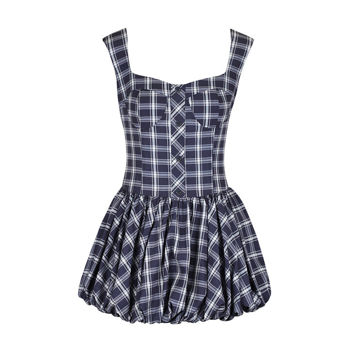 Damen Midikleid mit karierter A-Linien Silhouette und schulterfreien Trägern Drune