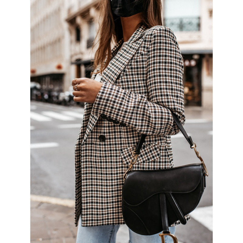Damen Karierter Oversized Blazer mit doppelt geknöpftem Design Drune