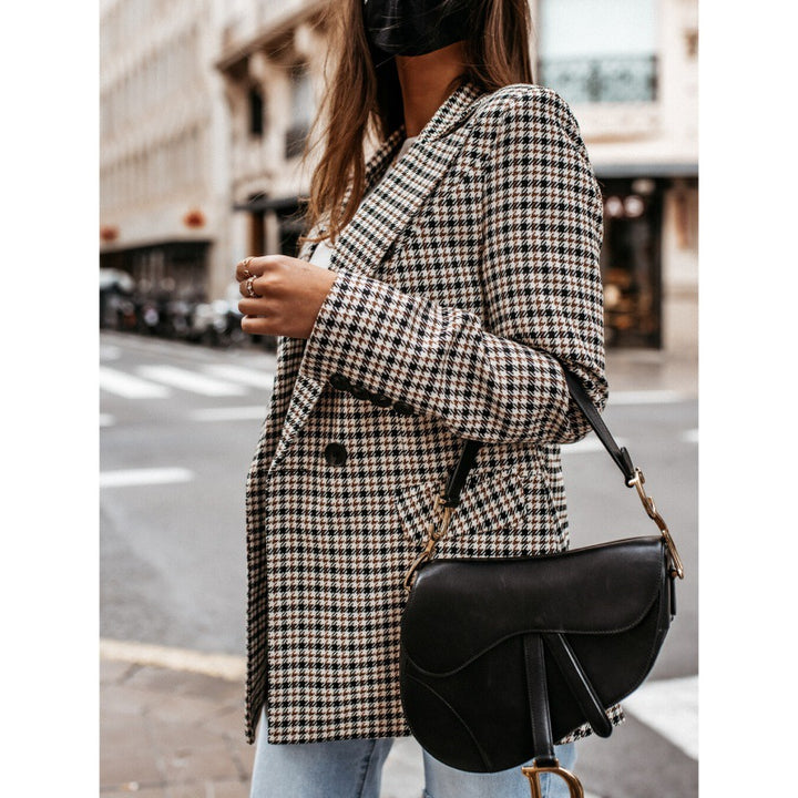 Damen Karierter Oversized Blazer mit doppelt geknöpftem Design Drune