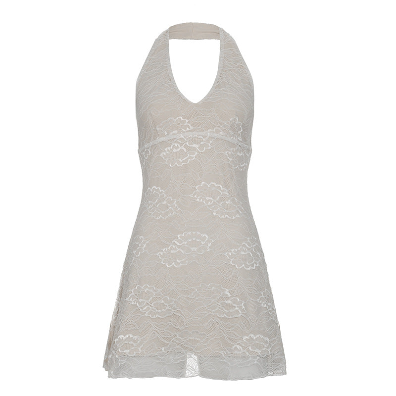 Damen Spitzenkleid mit V-Ausschnitt und elegantem Halterdesign Drune