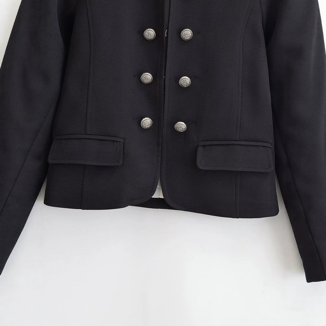 Damen Kurzer Stehkragen-Blazer mit doppelter Zierknopfleiste und Epauletten Drune