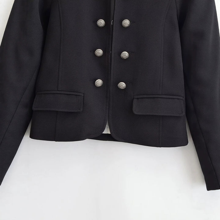 Damen Kurzer Stehkragen-Blazer mit doppelter Zierknopfleiste und Epauletten Drune