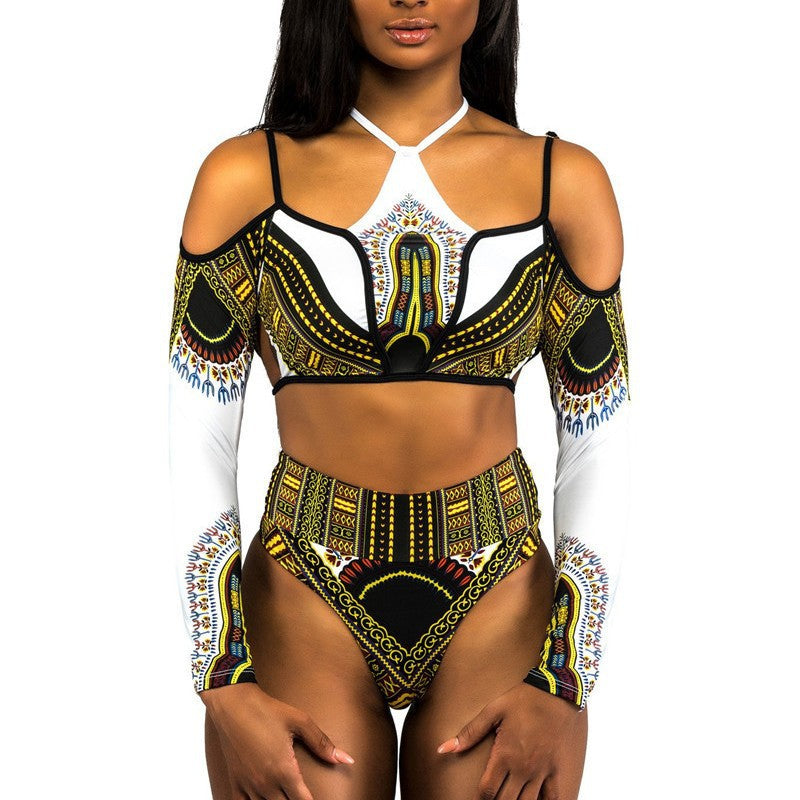 Damen Crop-Top Bikini mit langen Ärmeln und innovativem Muster Drune