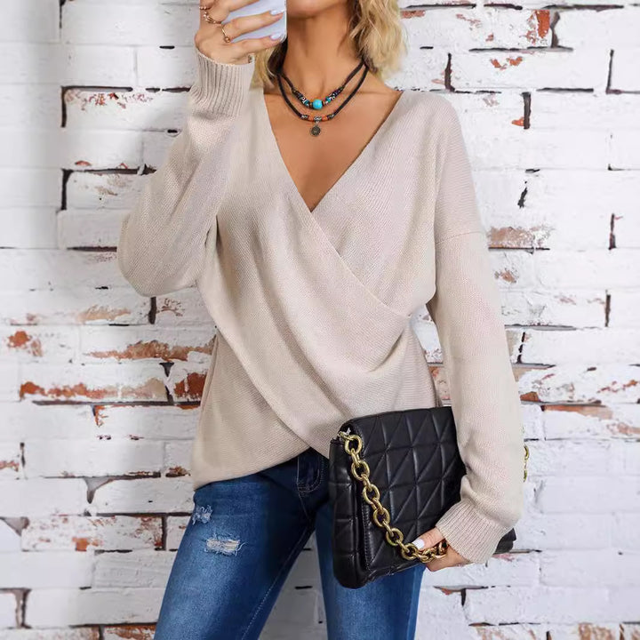 Damen Wickel-Strickpullover mit tiefem V-Ausschnitt und überschnittenen Ärmeln Drune