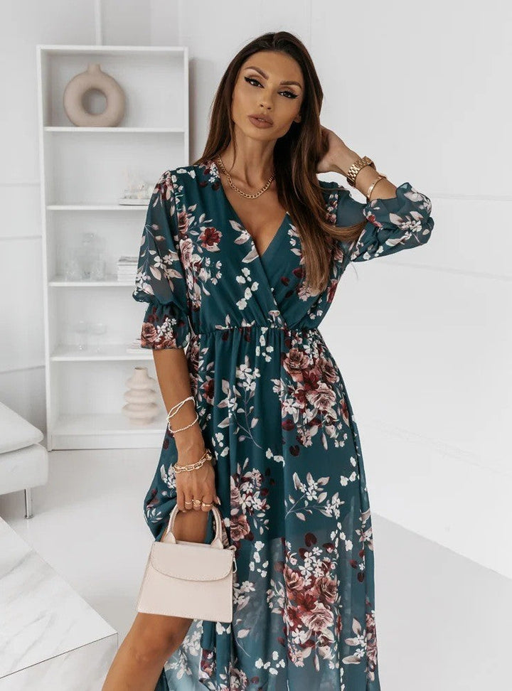 Drune | Kurzarm Split Chiffon Bedrucktes Maxikleid