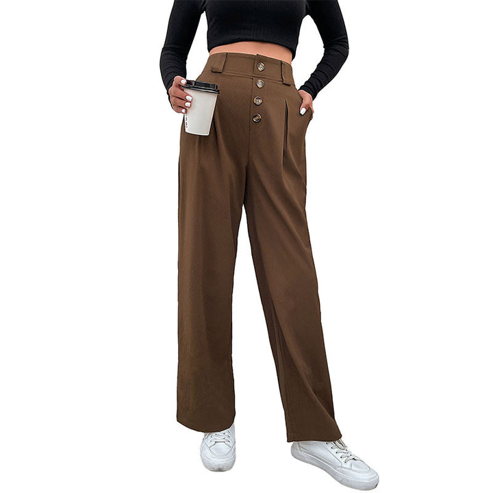 Damen Hochtaillierte weite Stoffhose mit Zierknopfleiste und Bundfalten Drune
