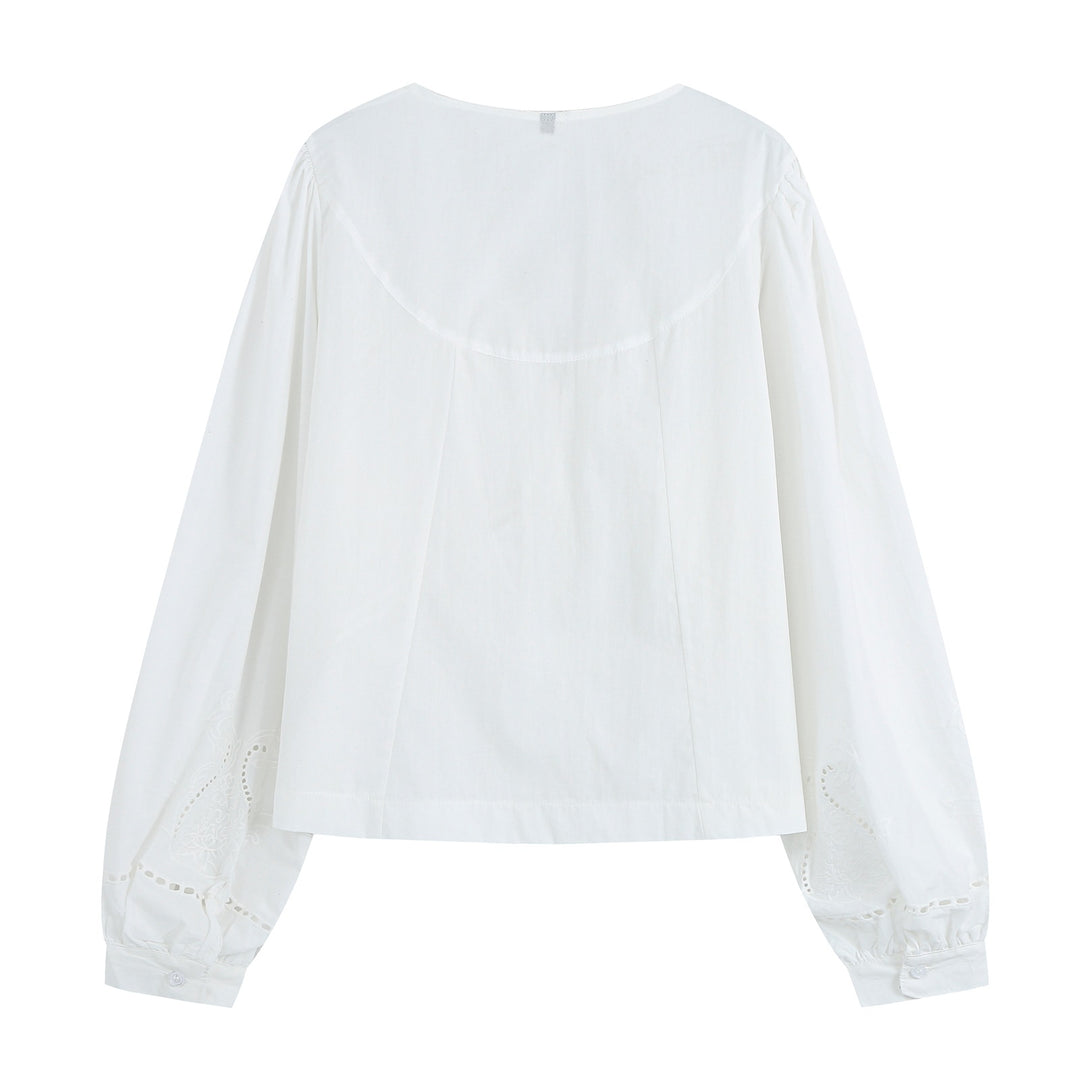 Damen Leichte Bluse mit V‑Ausschnitt, Plissee‑Schulterpasse und Broderie‑Anglaise Drune