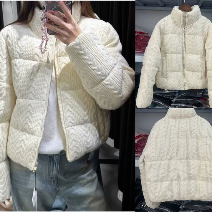 Damen nan gesteppte Strick‑Steppjacke mit Zopfstrick‑Optik, wattierter Thermofüllung und hohem Stehkragen Drune