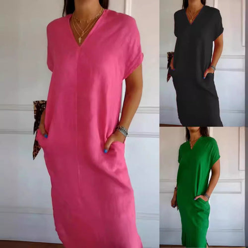 Damen Viskose-Leinen Kleid mit tiefem V-Ausschnitt und praktischen Taschen Drune