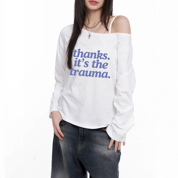 Damen nan Off-Shoulder Langarm-Cropshirt mit Statement-Print, asymmetrischem Ausschnitt und lockerem Oversize-Schnitt Drune