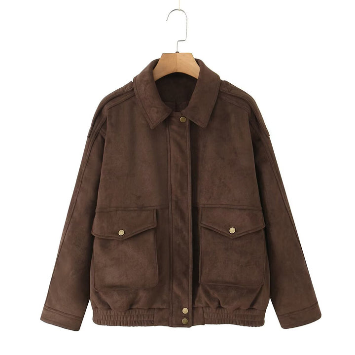 Damen Oversize Wildlederoptik-Bomberjacke mit Pattentaschen und elastischem Saum Drune