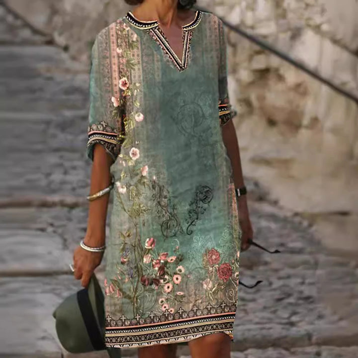 Damen Midi-Kleid im Boho-Leinen-Look mit V-Ausschnitt und Dreiviertelärmeln Drune