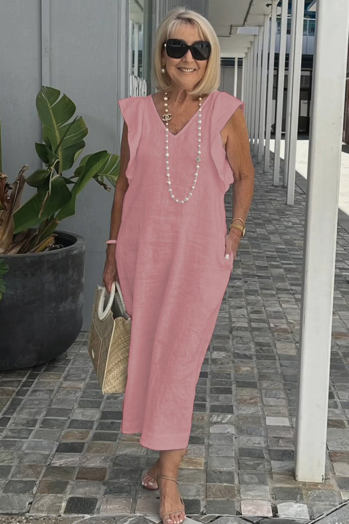 Damen Maxikleid mit V-Ausschnitt und angeschnittenem Ärmel Drune