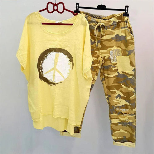 Damen nan lässiges Freizeit-Zweiteiler mit weit geschnittenem Leinenoptik-Shirt, Peace-Symbol und Camouflage-Jogpant mit Patchdetails Drune