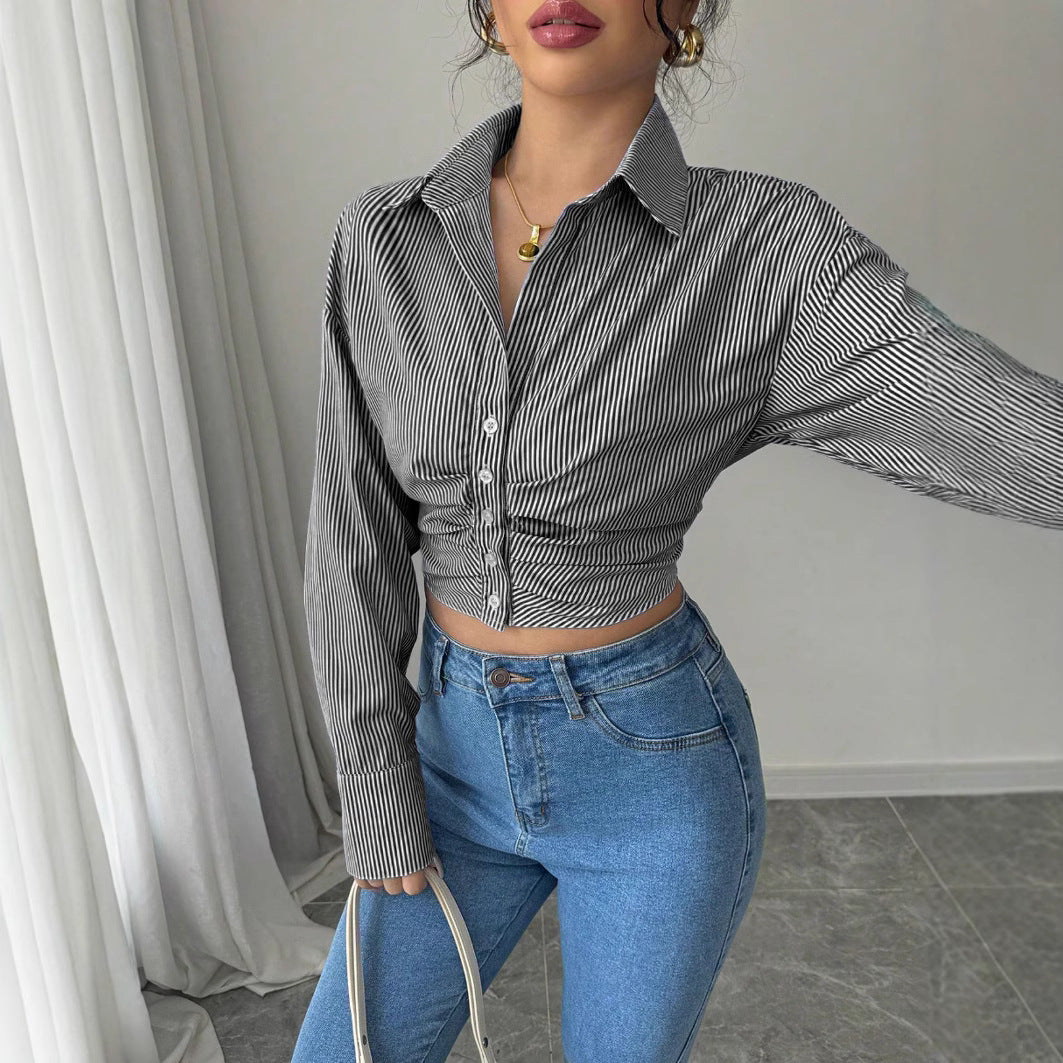 Damen modische Bluse mit gerafftem Schnitt und langen Ärmeln Drune