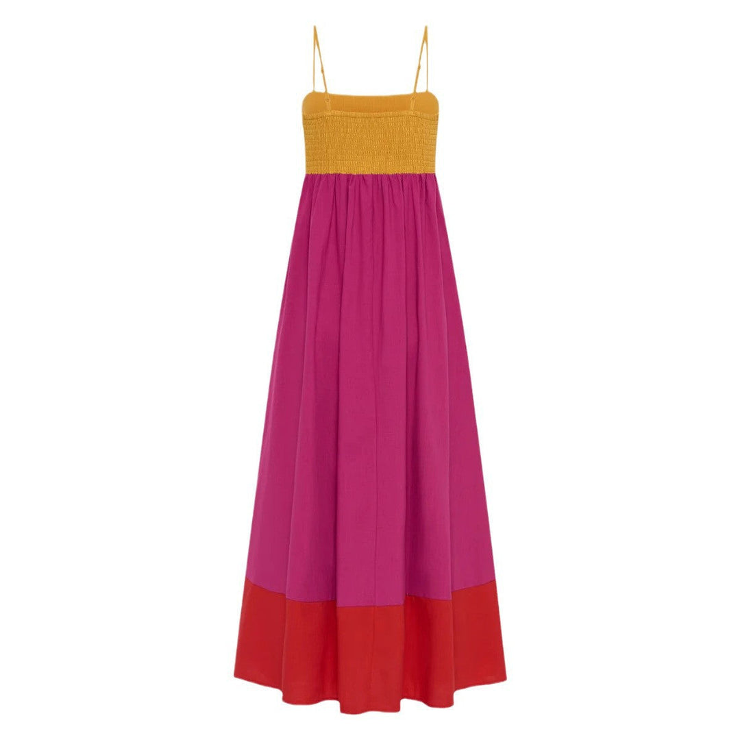 Damen Maxikleid mit farbenfrohem Blockdesign und verstellbaren Spaghettiträgern Drune