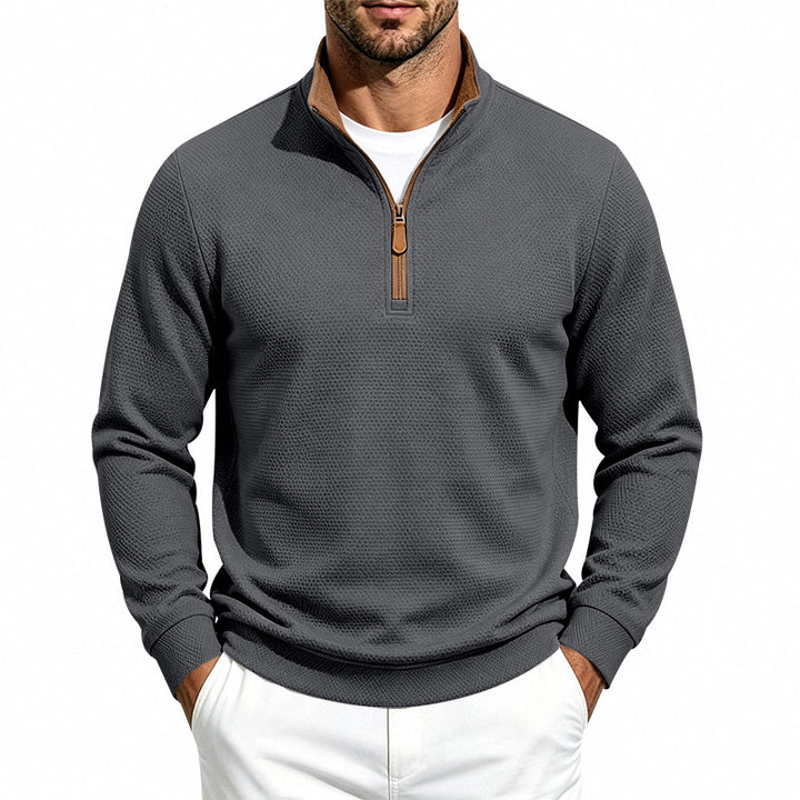 Herren Waffelstruktur-Halbzip-Sweatshirt mit Stehkragen, Kontrastfutter und Lederzipper Drune